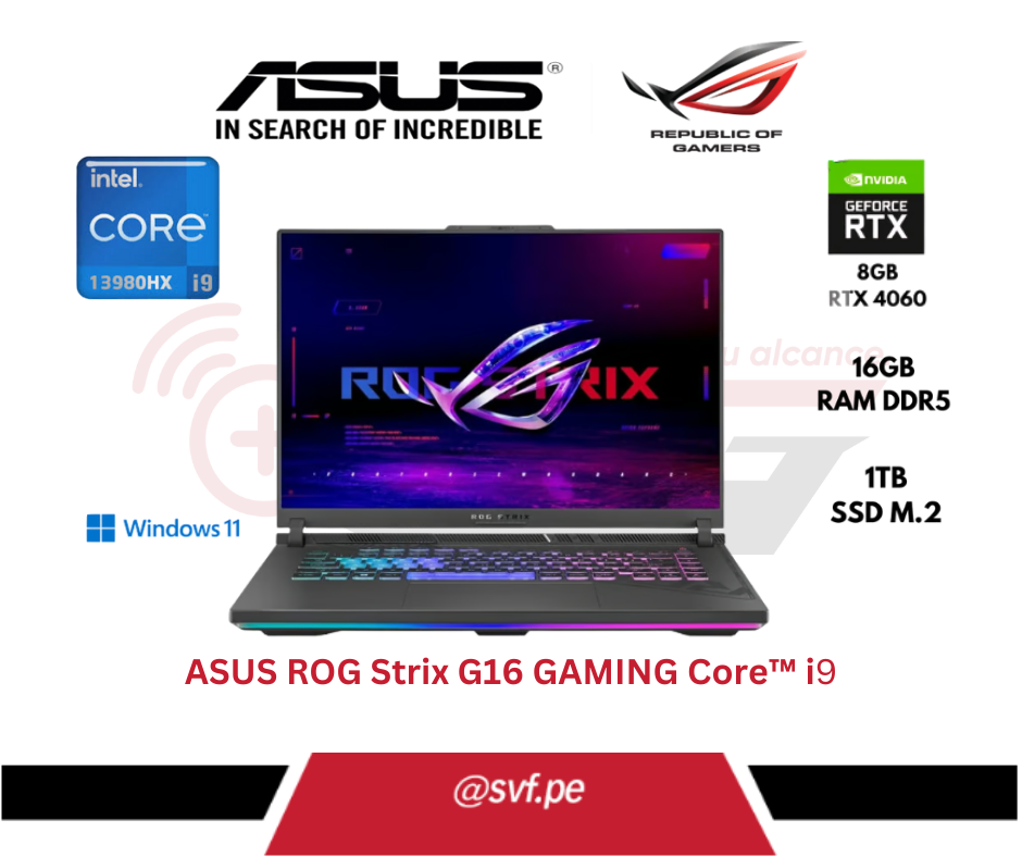 La ASUS ROG Strix G16 G614JV-AS94 es la laptop gamer definitiva, ideal para quienes buscan potencia, velocidad y un diseño imponente.